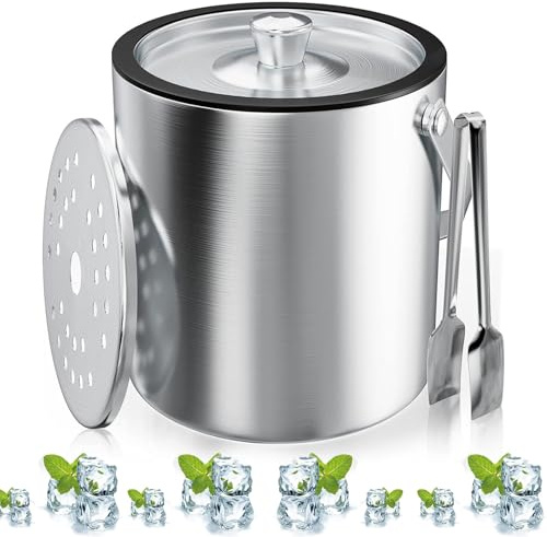 Seau à Glace, Bac à Glaçons Rond Avec Passoire et Pince à Glace, 2L Bac à Glaçons, Bac à Glaçons en Inox, Seau à Glace Réutilisable en Acier Inoxydable, Fête, Pour Conserver la Glace et Boissons