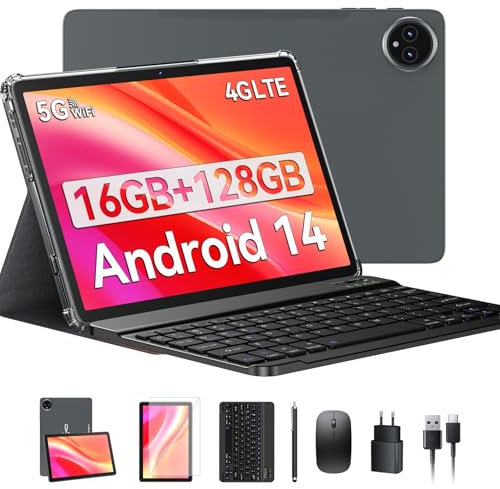 2025 Neueste 10.1 Zoll Tablet Android 14, Tablet mit Tastatur Maus und Stift,16GB+128GB(1TBTF), 4G LTE Tablets Mit 2 SIM 1 SD Slot, 5G Wifi Tablette PC, Octa-Core|13+10MP|8650mAh|1080FHD|GPS -Grau