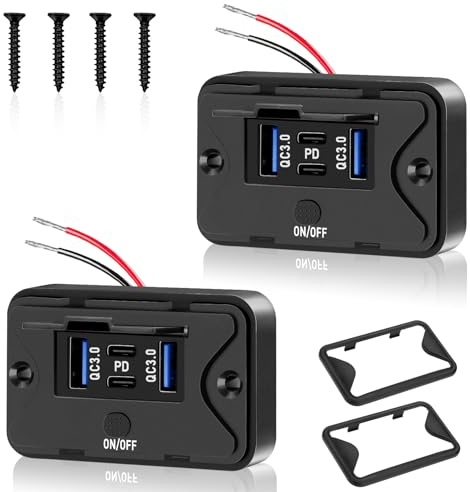 Daakro 4 Port USB Ladebuchse 12V Autoladegerät Dual QC3.0 USB & Dual PD3.0 | Typ C Handy Schnellladegerät Wasserdicht mit Schalter für 12 V / 24 V Wohnwagen, Autos (2PCS)