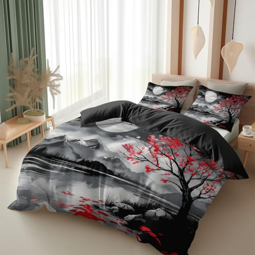 Srigzcaly Bettwäsche Set 200 x 200 cm 3-teilig Roten Blüten in Voller Blüte Wendebettwäsche, Gebürstet Mikrofaser Weiche Atmungsaktiv & Kuschelig, Schwarz Bettbezug mit Reißverschluss