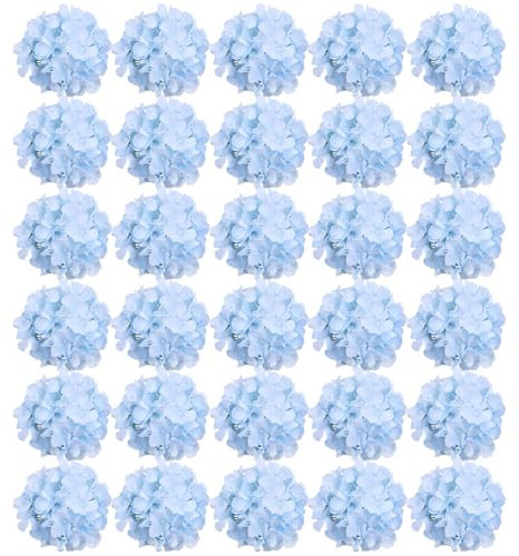 FagusHome 30 Pcs Silk Hydrangea Heads Artificial Flowers Only Heads No Stems Fake Hydrangea Flowers for Home Wedding Decor No Stems (Light Blue)