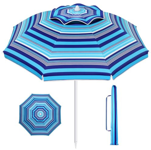 OFFSCH Sonnenschirmschirm Blau Gestreift 6.5ft Sonnenstrandschirm Uv Schutz 30 Grad Neigbar, Windfest, Tragetasche, für Strand, Picknick, Camping