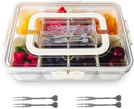 BELICOO Snackslåda med fack och lock, snackskål med handtag, snacktallrik med 8 fack, arrangör för sötsaker, godis, veggie kakor, nötter, frukt (transparent)