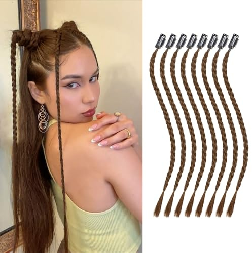 XFSRG 8 PCS Haarteil Damen Groß Braid Haarteile Echthaar Lange Geflochtener Ponytail Verlängerung Natürliches Haarverlängerung Zopf Dutt Gelockt Haargummi Haaren Hochsteckfrisuren (Hellbraun)