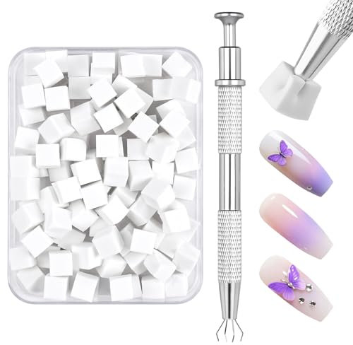 LOPHE Spugna per Nail Art, 100 Pezzi Spugna Unghie con Pinza Metallica, Pennello Ombre Unghie, Accessori per Nail Art per Disegni Sfumati di Unghie, Fai da te e Cura Quotidiana