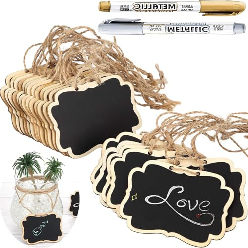 24 Pack Mini Wooden Chalkboard Tags with String & Gold Silver Markers, Double-Sided Reusable Hanging Chalkboard Signs for Price Tags, Gift Labels, Table Numbers, Plant Markers & Party Decor