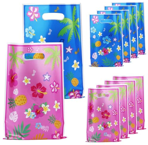 SAVITA 50pcs Sacs Cadeaux Motif Dessin Animé, Sacs Cadeaux Hawaïens Roses et Bleus en Plastique Imprimés de Fleurs avec Poignées pour Décoration de Fête Prénatale Anniversaire d'Enfant Fête à Thème