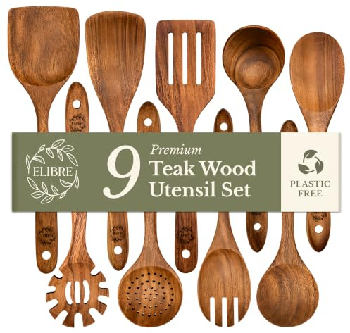 ELIBRE 9-Piece Teak Wooden Kitchen Utensils Set – Wooden Spoons for Cooking, Spatulas, Ladle & Serving Tools – Non-Stick Safe, Heat Resistant Premium Wooden Cooking Utensils