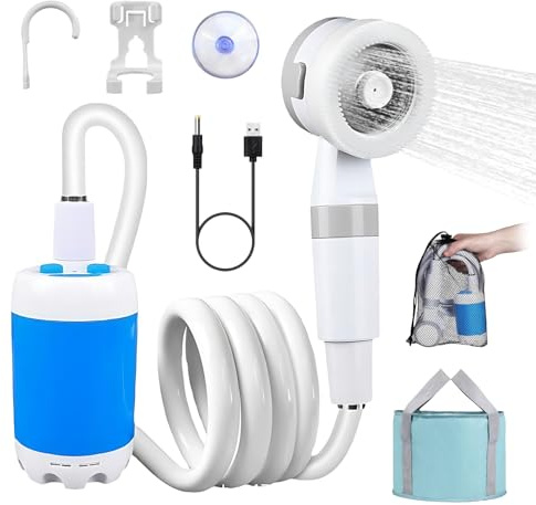 Wsndyjia Portable Shower Camping, Camping Showers, Rechargeable 3 Spray Modes Waterproof for Camping Travel Car Washing Pet Hiking Cleaning Equipped With a Bath Bucket