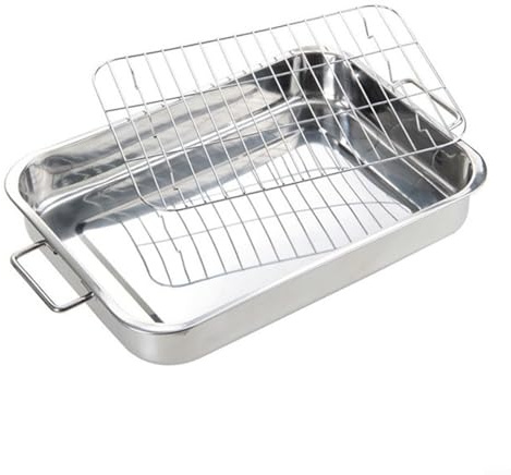 FACAIIO Sartén para asar de acero inoxidable con estante para horno, juego de bandejas para hornear profundas, parrilla incluida, 39 x 28 x 6 cm (42 x 32 x 6,5 cm)