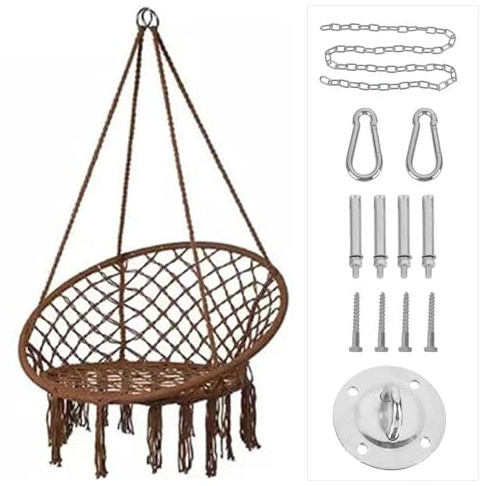 Macrame hängstol gunga – 199 kg kapacitet tofsdesign inomhus/utomhus veranda gunga med monteringshårdvara för sovrum uteplats trädgård däck gård – brun