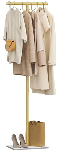 OUTBORS Perchero, Organizadora Independiente con Gancho, Multifuncion Percha de Estructura en Forma de L, Disponible para Armario, Dormitorio, Pasillo, Entrada, 175cm, Dorado