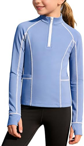 Miaeowve Kids Girls Horse Riding Zip-Up Shirt Stand Collar Long Sleeve Thumb Holes Top with Pockets