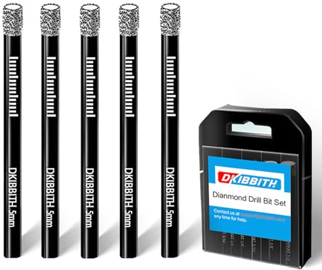 DKIBBITH 5-Pack 5mm Dry Diamond Drill Bits Set, Tile Drill bits for Ceramic Porcelain Marble Granite Tile Stone Glass Brick, Integrated Coolant for Fast Dry Drilling, Round Shank, with Storage Case.