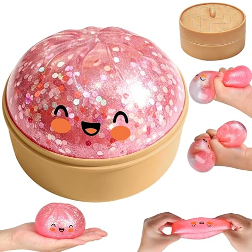 FAFLNRSC Dumpling Squishies 2026, Squishiest Bun Dumplings with Steamer Box, 10 cm Glitter Dumpling Dampfgarer, Mystery Dumplings Trend mit Box Anti Stress Steamed Buns Cute Süß Versandschutz (Rosa)