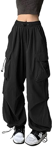 XKBHYD Womens Parachute Cargo Pants - Loose Fit Elastic High Waist Cargo Pockets Baggy Trousers - Y2K Hiking Climbing Pants