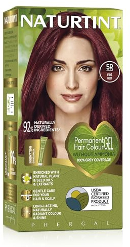 Naturtint Permanent Hair Colour Gel 5R Fire Red, Plant Enriched, Biobased, Ammonia Free, Long Lasting Grey Coverage and Radiant Colour, Nourishment and Protection