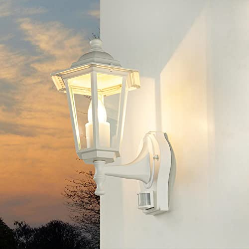 Außenleuchte mit Bewegungsmelder Aluminium Glas Weiß IP44 Garten H:39 cm E27 Laterne Sensor Rustikale Wandlampe Außen PARIS
