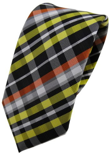 TigerTie Schmale Krawatte gelb orange grau schwarz silber kariert - Krawatte Tie