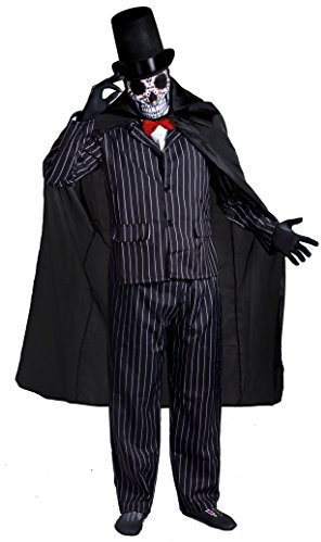 DAY OF THE DEAD COSTUME SUGAR SKULL SKELETON TUXEDO HALLOWEEN FANCY DRESS COSTUME FOR MEN - SUGAR SKULL MASK + PINSTRIPE SUIT WITH RED SATIN BOWTIE + TALL DELUXE BLACK FELT STOVEPIPE TOP HAT + THICK BLACK CAPE BY ILOVEFANCYDRESS® MEXICAN SPANISH SENOR DIA DE LOS MUERTOS (XLARGE)
