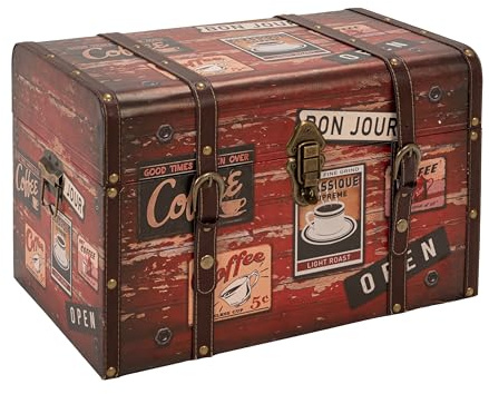 Household Essentials Medium Decorative Trunk, Coffee Shop Faux Decoupage, Antique Exterior, Leather and Metal Accents, Fabric Interior, Hinged Lid, Brown