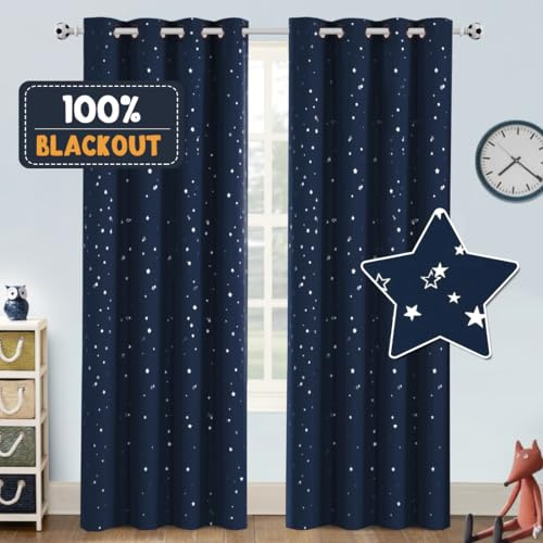 PrinceDeco Blackout Kids Curtains for Bedroom Thermal Insulated Silver Twinkle Star Curtains for Boys Antique Grommet Top Window Treatment 2 Panels Drapes for Nursery (52 W x 84 L, Navy/Silver)