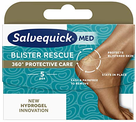 Salvequick ® | Blister Rescue 5 | Hydrogel-Wundpolster für Fußblasen zur Druckentlastung. Einfache und schmerzfreie Entfernung | 5 Einheiten in verschiedenen Größen für eine 360 ° Fersenschutzpflege