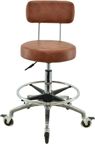 VAKON SALON - Rollhocker Hellbraun mit Lehne und Fußring - Rollen mit Bremse - Höhenverstellbarer von 55-75 cm - Drehhocker Arbeitshocker Praxishocker