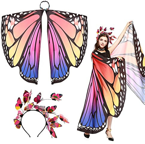 BETESSIN Schmetterling Umhang Damen mit Haarreif Schmetterlingsflügel mit Strassdruck Halsband Karnevalskostüme Schmetterling Flügel Kostüm Schal Poncho für Halloween Fasching Party Cosplay