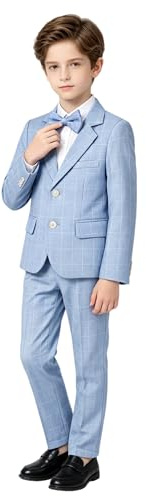 LOLANTA 3PCS Page Boys Plaid Suit, Wedding Prom Smart Blazer, Formal Wear Jacket Trousers Bow Tie Set (13-14 Years, Blue,Tag 170)
