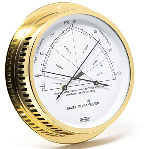Fischer 5091-45, Raum-Klimamesser, Messing, Thermohygrometer, Messstation | Synthetic-Hygrometer und Bimetall-Thermometer, Messbereich 26-100 % r. F. und 8-40 °C, 155mm Durchmesser, Made in Germany