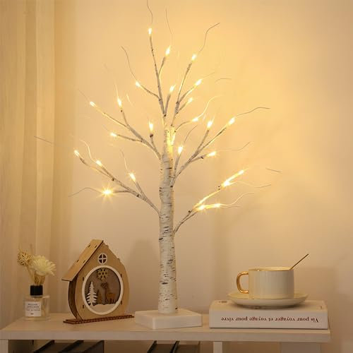 2FT Lighted Birch Tree for Tabletop, Christmas Tree with Lights, Warm White 24 LEDs Birch Tree Light for Christmas Decorations Indoor Bedroom Home Wedding Holiday Thanksgiving Gifts