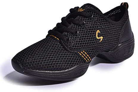 Kvinnors Dansskor Mjuk Yttersula Kvinna Mesh Andningsbar Jazz Hip Hop Sport Sneakers Damer Flicka Moderna Jazz Dansskor(40EU, Black Gold)