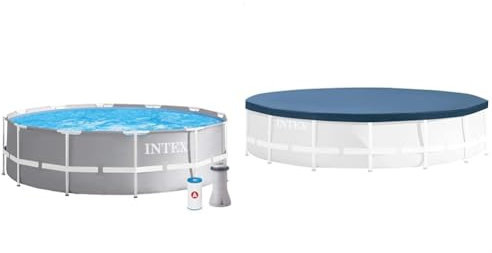 Intex 26716NP - Piscina Redonda Desmontable intex Prisma Frame 366x99 cm con depuradora & 28031 - Cobertor para Piscinas Desmontables Metal y Prism Frame 366 cm, Color Azul Marino