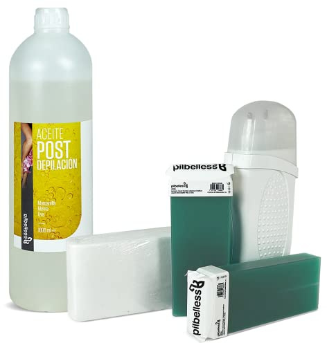 Kit Depilación Roll On Calentador + 2 Ceras Aloe Vera + 100 Bandas + Aceite | Set completo de depilación con calentador roll on, 2 cartuchos de cera de Aloe Vera, 100 bandas y aceite post depilatorio.