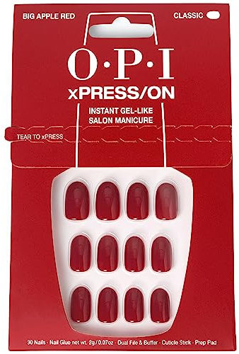 OPI xPRESS/ON Big Apple Red - Classic Red Short Round Press On Nails - With Nail Glue - Long Lasting, Reusable & Non-Damaging Short False Nails