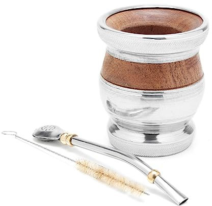 BALIBETOV Ensemble de maté Naturel en Bois de Caroubier (Tasse à maté - Mate Gourde) Fabriqué à la Main, avec Bombilla (Sorbet) pour Boire Le maté de Yerba (Bois avec Bordure et Base en Aluminium.)