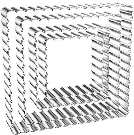 QAAQS Scalloped Square Cookie Cutter Set - 5 Inch, 4 Inch, 3 Inch, 2 Inch - Fluted Edge Wavy Square Plaque Cookie Cutters Shapes Biscuit Molds - Stainless Steel