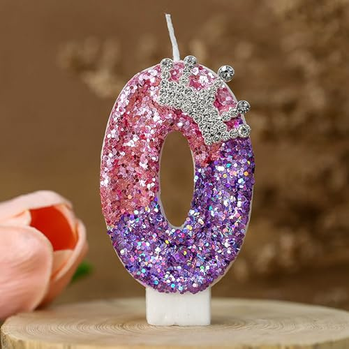 Geburtstagskerzen Zahlen 0, Krone Geburtstag Nummer Kerzen, Glitzernde Zahlenkerze Rosa Lila Zahlenkerzen Kuchenaufsatz für Geburtstag, Jubiläum.(Nummer 0)