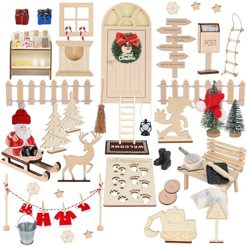 EIKEJI 101PCS Wichtel Set Weihnachten Komplettset | Wichteltür Zubehör mit Baustelle, Wichteltür Tür Im Dunkeln Leuchten, Weihnachtsdeko Wichtel Set Deko Holz Miniatur Elfentür