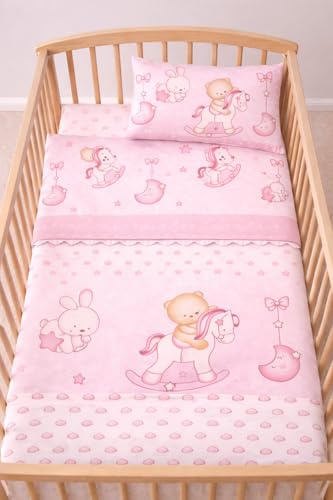 Corredocasa Completo Lenzuola Neonato Letto per Culla Stampato Made in Italy Disegni Assortiti Disponibile in Diversi Materiali Cotone Flanella (Rosa, Cotone)