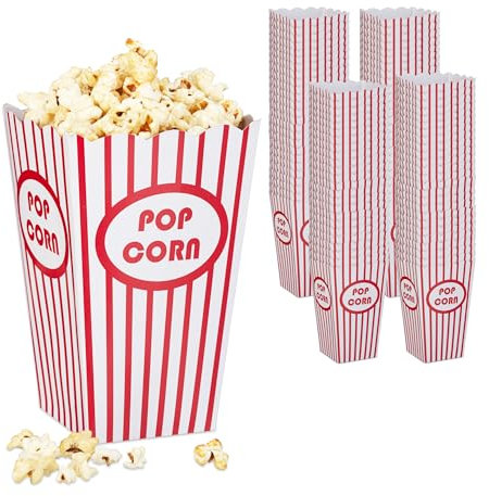 Relaxdays Popcorntüten, 100er Set, gestreift, Retro-Optik, Kino, Filmabend Zubehör, Pappe, Popcornbehälter, rot/weiß