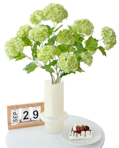 JINWOE Hortensias artificiales de bola de nieve verde claro, 4 flores de seda de tacto real Viburnum, tallo largo de látex realista, pequeñas hortensias sintéticas para ramo, hogar, boda, centro de