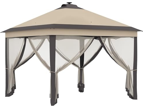 Outsunny Carpa Plegable con Luces LED 3,3x3,3 m Cenador de Jardín con Control Remoto 4 Paredes Laterales de Malla Altura Ajustable y Bolsa de Transporte para Patio Fiestas Beige