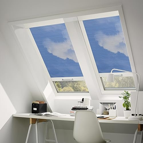 Moonice Kabellos Dachfensterrollos Lichtdurchlässig Thermo Wabenplissee Sonnenschutz Fensterrollos für die Decke Maßgefertigte Rollos für schräge Fenster - Sondergrößen (Blauer Himmel)