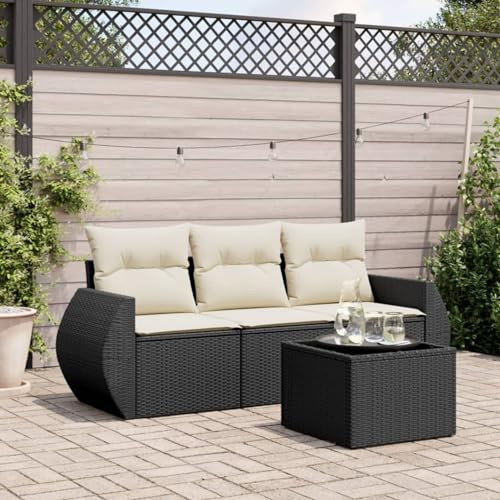 Faroom Balkon Sofa mit Stauraum Gartensofa 3 Sitzer Lounge Sofa Outdoor Rattansofa Sitzecke Balkon Lounge Klein Couch Gartenlounge Polyrattan Balkonmöbel Schwarz und Creme 4-tlg-Type-A883