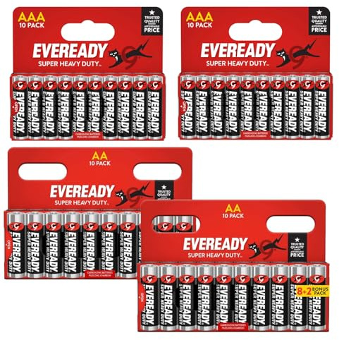 Eveready Zinc Carbon Batteries – 20 AA & 20 AAA (40 Pack) | Reliable 1.5V Power for Low-Drain Devices | Ideal for Clocks, Remotes, Toys, Flashlights & Radios