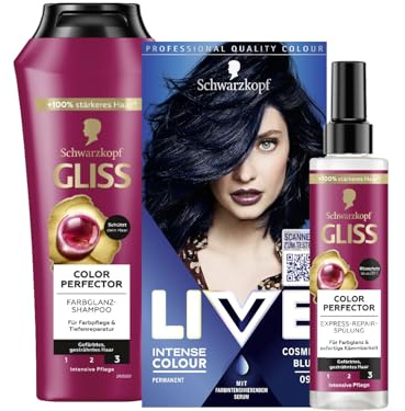 Schwarzkopf LIVE Intense Colour Haarfarbe 90 Cosmic Blue (142 ml) permanente Coloration & Gliss Shampoo (250 ml) & Express-Repair-Spülung (200 ml) Colour Perfector, Hitzeschutz (230 °C)