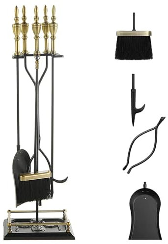 MREGLHUI Kaminbesteck, 5-Teiliges Set,Schürhaken,Ascheschaufel,Besen,Zange & Ständer,Kamingarnitur Modern,Kamin,Schwarz,Heimdekoration,Geeignet Für Den Innen- Und Außenbereich,Messing,31.8in