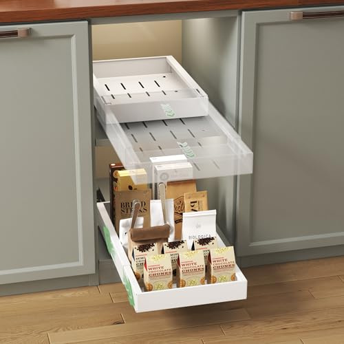 NETEL Teleskopschublade Ausziehbarer Schubladen Organizer Breite 30.5cm，Einstellbare Tiefe 42-55cm für Küchenschränke mit Klebefolie，Kein Bohren，weiß，2er-Pack